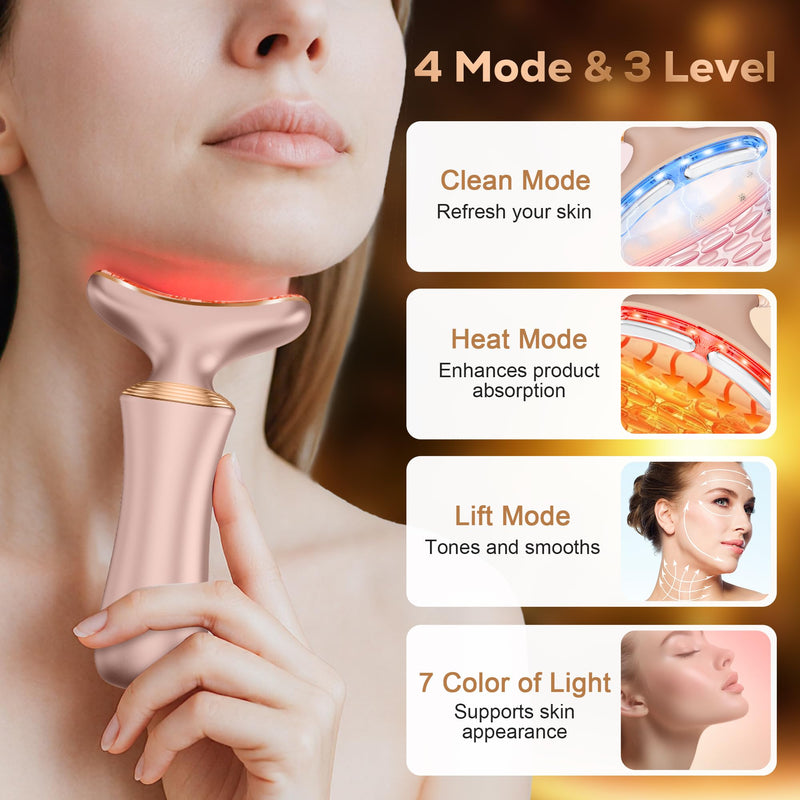 Micro 7-in-1 LED Light Therapy Facial Massager – Red Light Therapy for Face and Neck, Double Chin Reducer, 3-Level Vibration, 4 Modes, USB-C Rechargeable Face Massager Tool for Women & Men