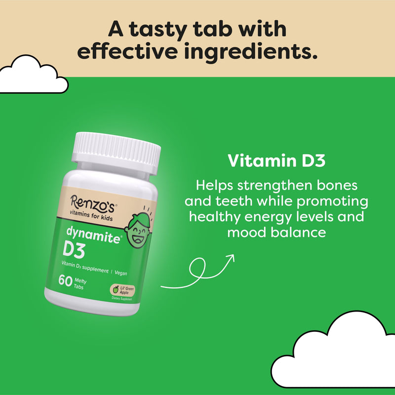 [Australia] - Renzo's Dynamite Vitamin D3 - Dissolving Kids Vitamin D3-60 Sugar-Free Melty Tabs, Lil’ Green Apple Flavored 