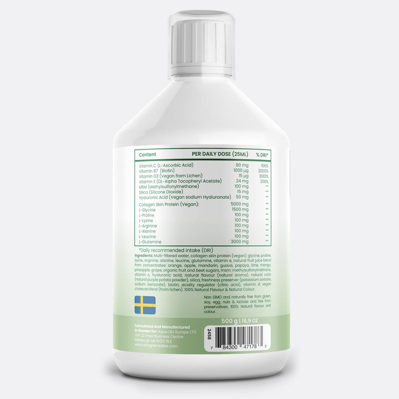 Vegan Liquid Collagen 500ml – 5000mg Plant-Based Collagen with Hyaluronic Acid, MSM, Vitamin C & Biotin – Skin, Hair, Joint Support