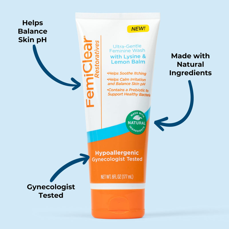 [Australia] - FemiClear® Restoratives Ultra-Gentle Feminine Wash, Made with Lysine & Lemon Balm, Natural Ingredients, Feminine Hygiene Products, Essentials for Vaginal Health (6FL oz) 