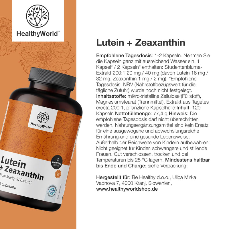 [Australia] - HealthyWorld® Lutein + Zeaxanthin - 120 vegetable capsules - 2 natural carotenoids - 32 mg lutein and 2 mg zeaxanthin per daily dose - for 2-4 months - support for vision and eyes 