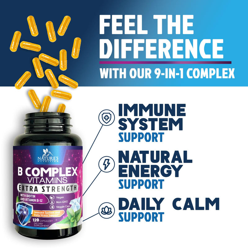 B Complex Vitamins Capsules - Super Complete B-100 Complex with Vitamin B12 B6 C Biotin Folate & Folic Acid for Immune & Energy Support - Supplement for Heart, Brain, & Nerve Support - 120 Capsules 120 Count (Pack of 1)