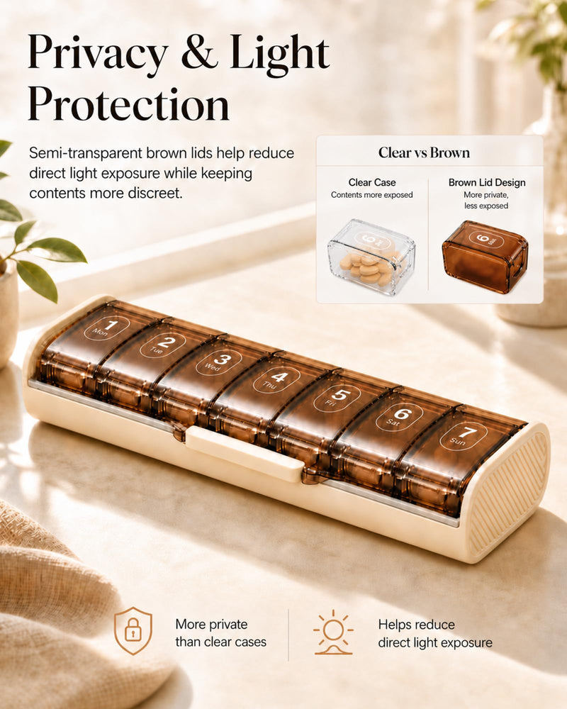 7 Day Pill Organizer, Travel Weekly Pill Box, 7 Removable Daily Cases | Travel-ready vitamin organizer with Easy Open access, BPA-Free, large capacity, Triple Moisture Protection, Brown White.
