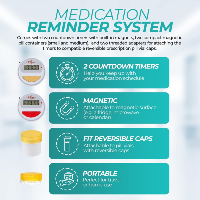 Portable Medication Reminder System with Two Timer Caps – Compact Organizer for Pills, Vitamins & Supplements for Travel or Home Use.