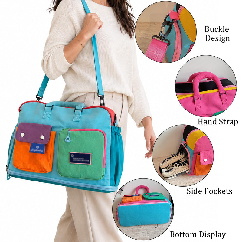 Women Color Block Travel Duffle Bag Large Multi Pockets Nylon Crossbody Purse Gym Hobo Shoulder Tote Handbag (Pink) Pink