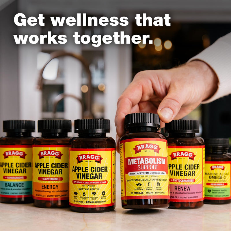 Bragg Energy Apple Cider Vinegar Capsules B Vitamins 90ct - 2 Pack | Organic, boosts natural vitality, gluten-free, non-GMO, vegetarian-friendly, no artificial preservatives, caffeine free 90 Count (Pack of 2)