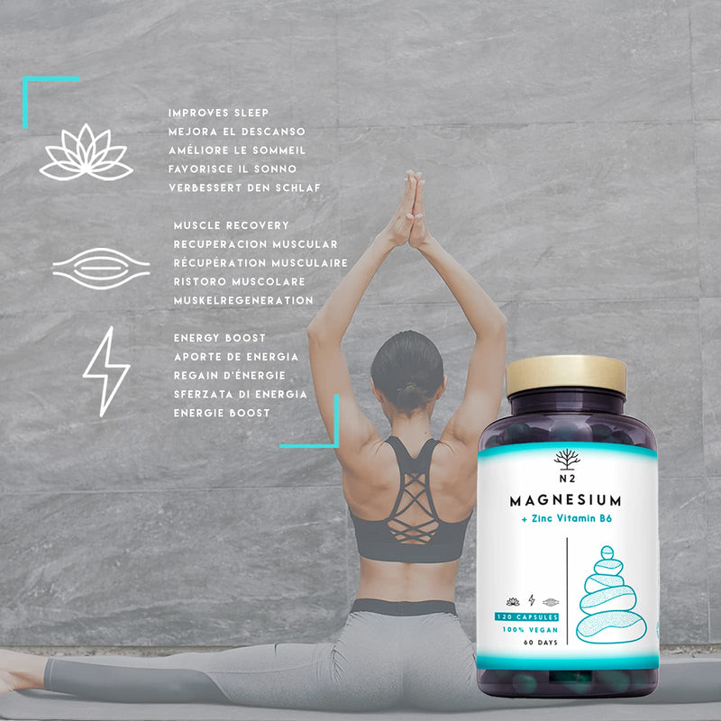 Magnesium Zinc Vitamin B6. Boosts Energy Sports Muscle Performance. Increases Testosterone Level. Improves Sleep. Protein Synthesis. 120 Vegetable Capsules UK Vegan Certified. N2 Natural Nutrition 120 Capsules