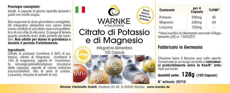 [Australia] - Potassium-magnesium citrate 100 capsules, high dosage, vegan, organic minerals, highly bioavailable | Warnke vital substances - German pharmacy quality 