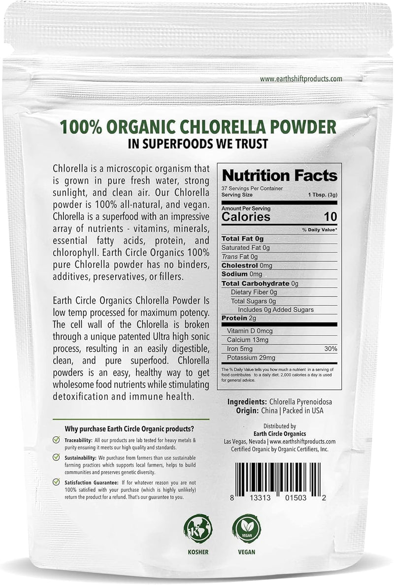 [Australia] - Earth Circle Organics Organic Chlorella Powder Superfood | Kosher | Broken Cell Wall Chlorophyll, Vegan, Super Green Algae, Clean Chlorella, High in Protein, Fiber & Amino Acids - 4oz 4 Ounce (Pack of 1) 