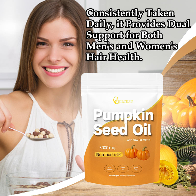 [Australia] - Pumpkin Seed Oil with Saw Palmetto,Nutrikiv Pumpkin Seed Oil,3000mg, Cold Pressed,Essential Fatty Acids & Phytosterols, Non-GMO,Supports Hair, Urinary, Bladder & Prostate Health 180 Softgels (1) 1 