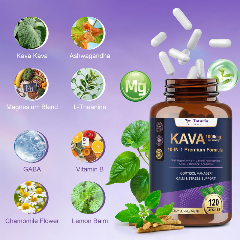 [Australia] - Kava Kava Root Extract 1000mg with Magnesium - 50% Kavalactones, L Theanine, Ashwagandha Herbal Blend for Balanced Mood, Relax Calming, Sleep, Mood, Cognitive & Immune Support - 120 Veg Capsules 