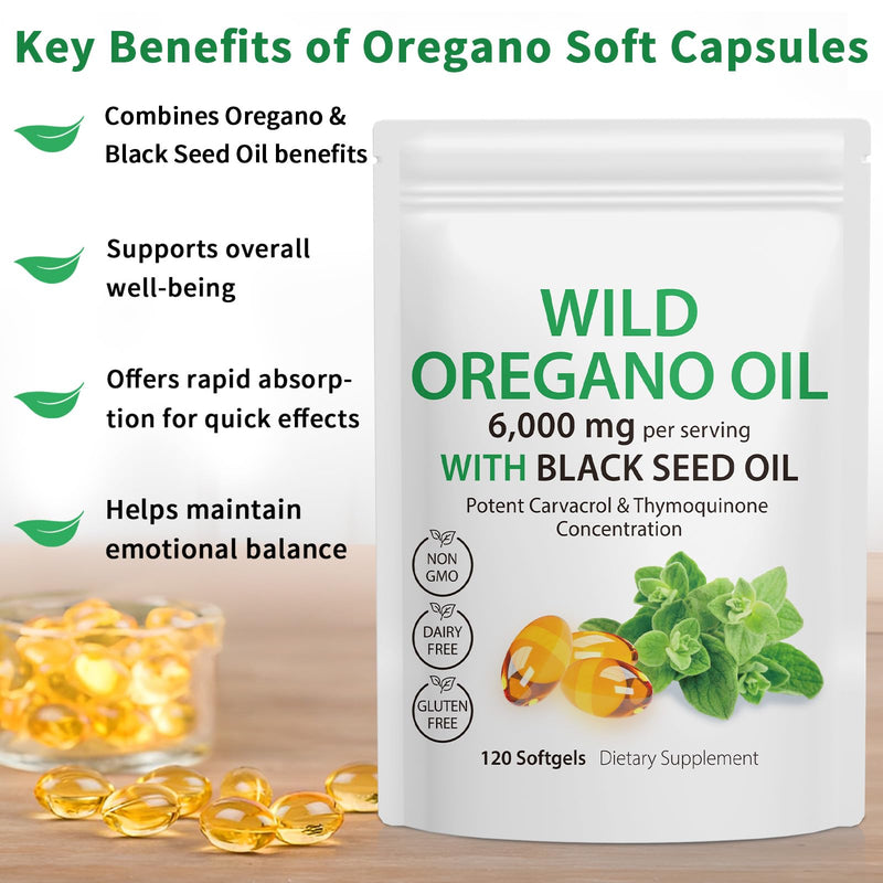 [Australia] - Oil of Oregano Softgels - Wild Oregano Oil 6,000mg with Black Seed Oil 200mg Capsules, 120 Count, Potent Carvacrol & Thymoquinone, Non-GMO, Dairy Free, Gluten Free 