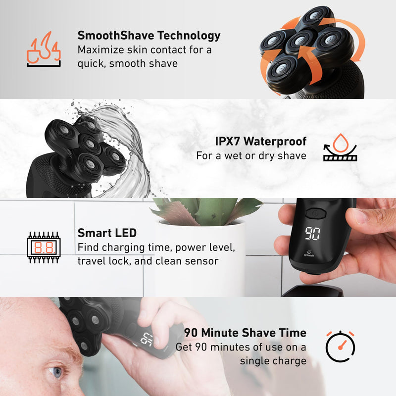 [Australia] - GROOMIE No Hair, Don't Care Bundle - 5D BaldiePro Electric Head Shavers for Bald Men, Natural Pre-Shave Oil to Promote Close Shave, & Natural Aftershave Serum - Mens Head Shaver Kit w/Electric Razor 10PC Shaver Set 