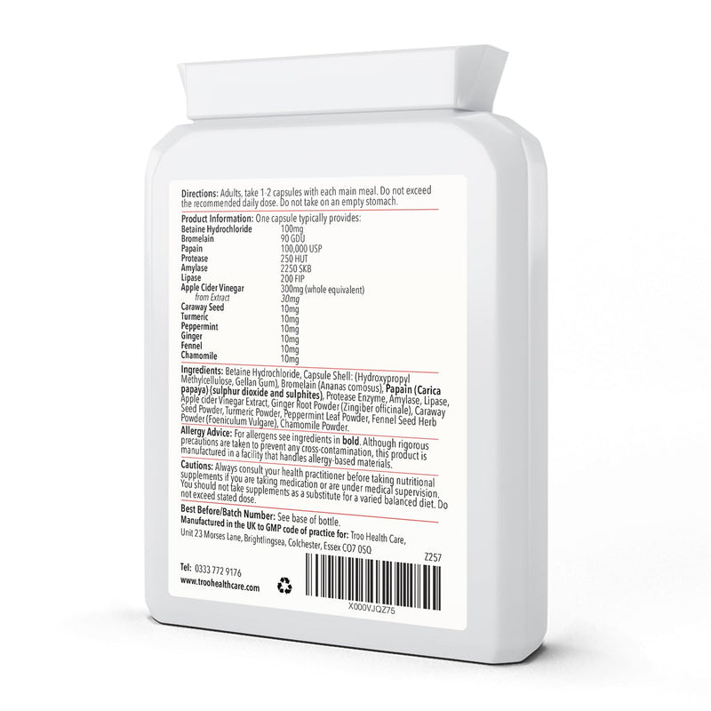 Troo Health Care Troozyme Digest-Tonic Digestive Enzymes Supplements - 90 Capsules | Broad Spectrum Plant Digestive Enzymes | Betaine HCL | Bromelaine | Papaine | Protease | Amylase | Lipase | UK Made