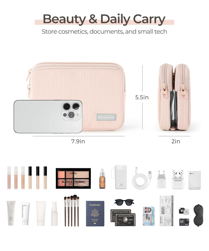 Makeup Bag Set for Women, 2 Pcs Corduroy Travel Cosmetic Organizer, Detachable Clear Pouch and Shell Shape Case, Waterproof Toiletry Storage for Beauty Essentials, Pink