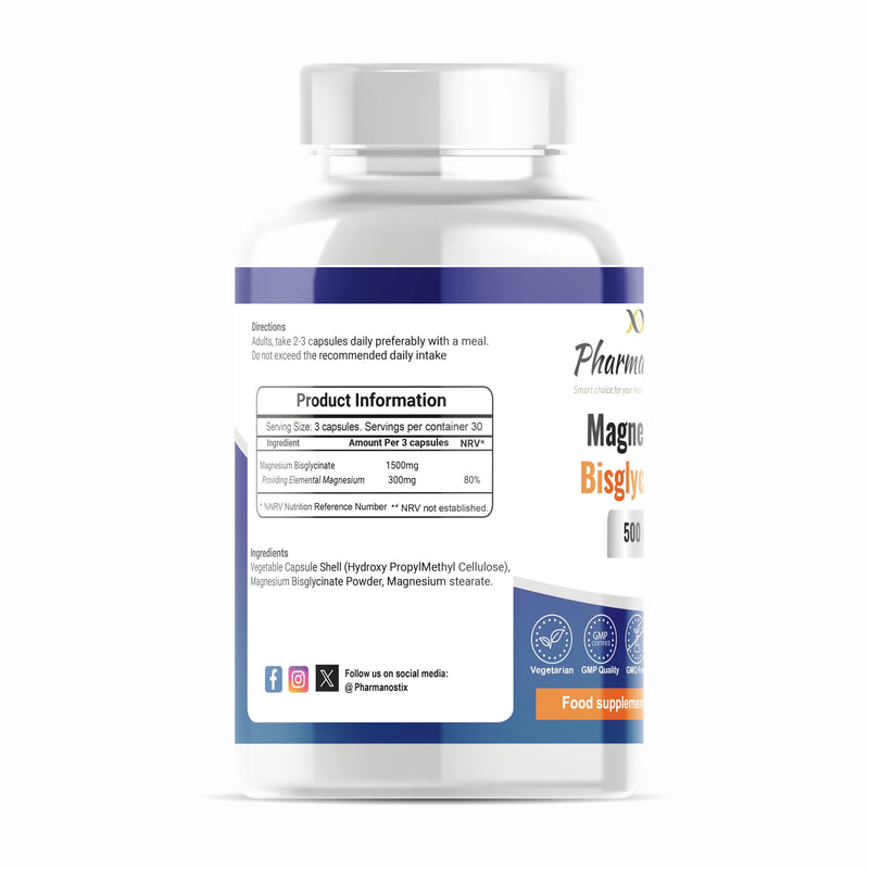 Pharmanostix Magnesium Bisglycinate 1500mg Daily Serving– 90 Capsules | High Absorption & Gentle on Stomach | Sleep, Muscle, Nerve & Energy Support | Vegetarian, Non-GMO, UK Made
