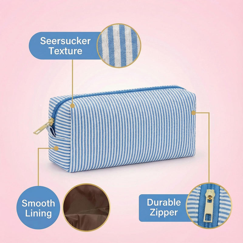 12 PACK Makeup Bags-Bulk Seersucker Cosmetic Bag for Women Bridesmaid Gifts Makeup Pouch for Wedding Party Favors Bachelorette Party Decorations Travel Toiletry Organizer Graduation Gifts(12, Blue) 12
