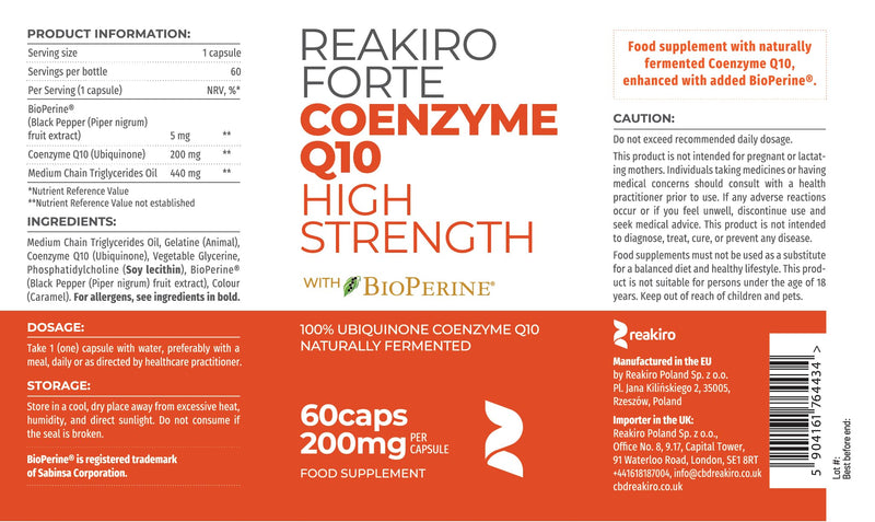 Reakiro Forte Coenzyme Q10 200mg of CoQ10 per Capsule, 60pcs I High Strength Naturally Fermented Co Enzyme Q10 Supplement with BioPerine I Expertly Crafted for Optimal Energy and Vitality 60 count (Pack of 1)