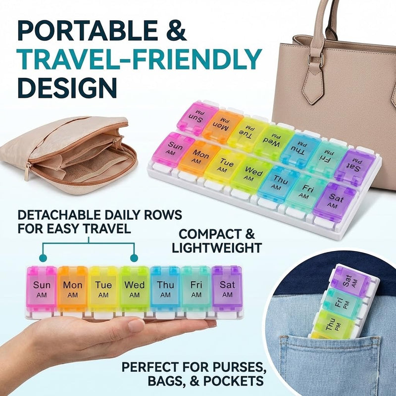 2 Pack Weekly Pill Organizer for Seven Day, Medicine Dispenser Daily Vitamin Container Supplement Holder Moisture Proof Box, Portable Travel Case for Morning Evening Routine Secure Practical Planner 2 Pack