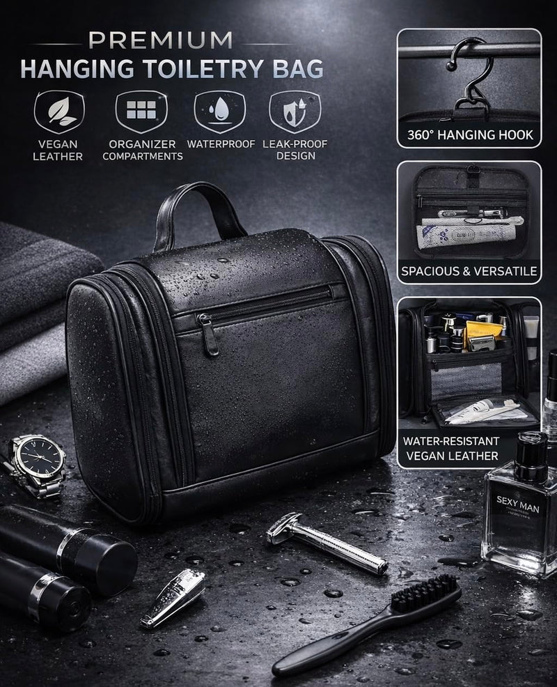 TUCKR Leather Toiletry Bag for Men & Women, Travel Dopp Kit for Everyday Essentials, Water Resistant, Compact & Sleek Design with Hook and Multiple Compartments (Black) Black