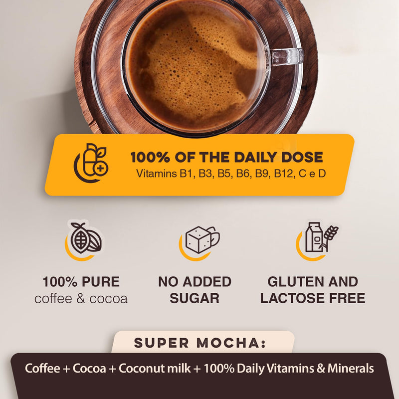 Super Mocha – Functional Coffee Drink + 14 Vitamins & Minerals | Clean Sustained Energy, Immune Support & Mental Clarity | Vegan, Gluten-Free, Sugar-Free | 25 Servings 1