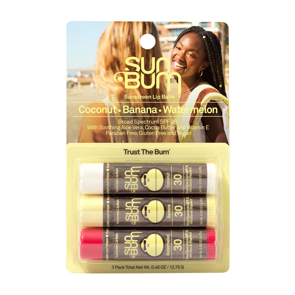 Sun Bum SPF 30 Sunscreen Lip Balm | Vegan and Cruelty Free Broad Spectrum UVA/UVB Lip Care with Aloe and Vitamin E for Moisturized Lips | Variety Pack |0.15 Ounce (Pack of 3) Coconut, Banana, Watermelon 0.05 Ounce (Pack of 3)