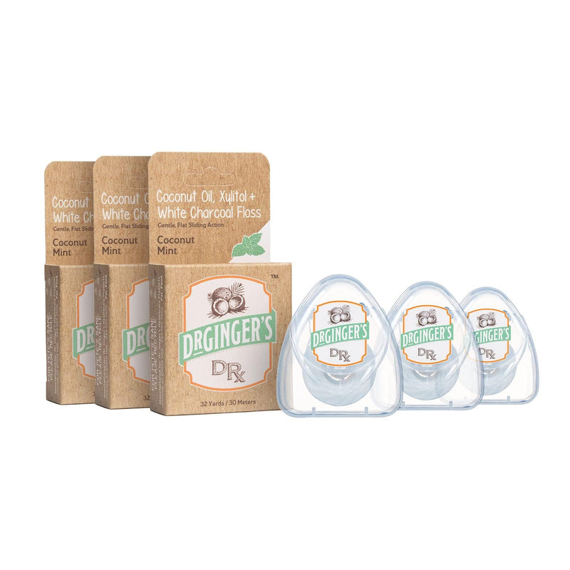Dr. Ginger's White Charcoal Dental Floss - Flat Glide Action for Tight Teeth, Mint Flavor - 32yds, 3 pcs - Tooth Floss Infused with Coconut Oil and Xylitol - Oral Care and Plaque Removal
