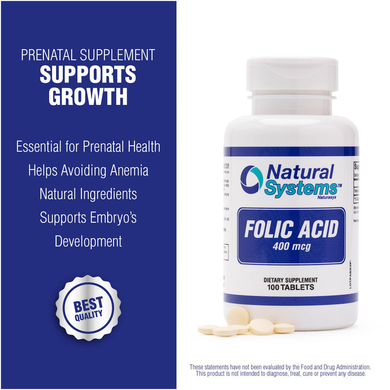 Folic Acid Supplement 100 Tablets 400 mcg by Natural Systems - Prenatal Vitamin for Women Perfect for Pregnancy - Acido Folico - Pregnancy Support Tablets - Daily Intake Prenatal Vitamins Folate