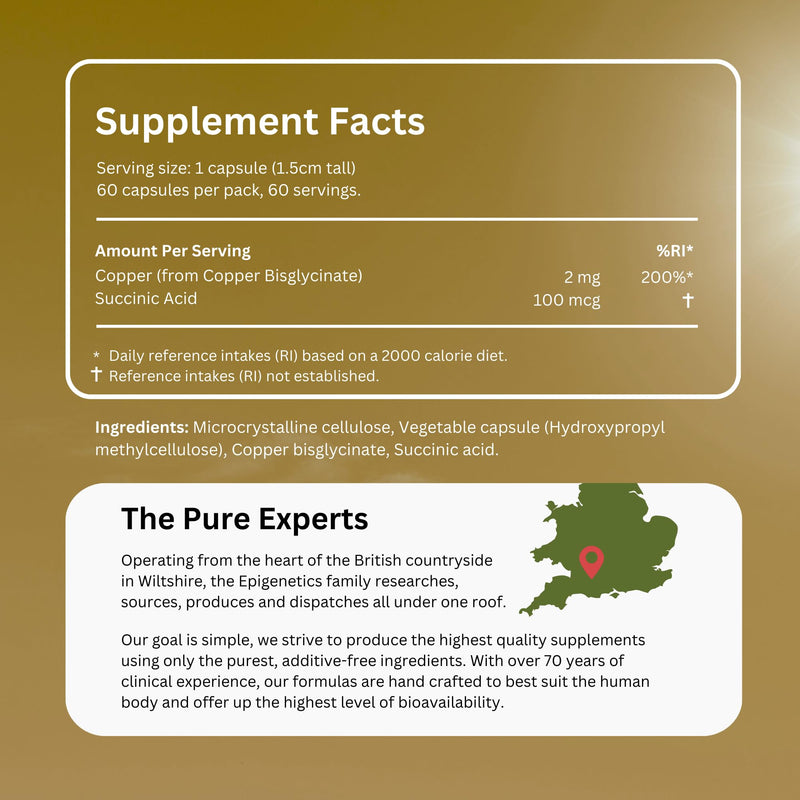 Copper SA | 2mg Copper Bisglycinate + Natural Succinic Acid Antioxidant | 60 Vegan Friendly Capsules UK Made | 1 Capsule Daily | Long 2 Month Supply by Epigenetics Supplements