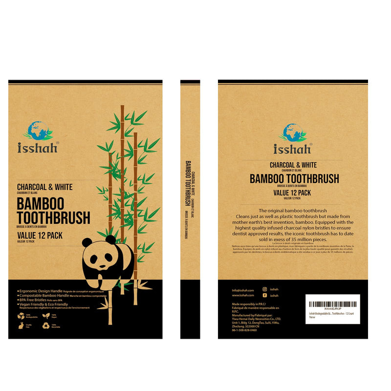 [Australia] - Biodegradable Eco-Friendly Natural Bamboo Charcoal Toothbrushes, FSC Certified and PETA Approved - 12 Count 