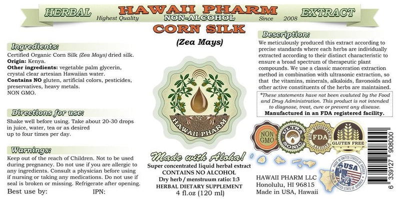 [Australia] - Corn Silk Alcohol-Free Liquid Extract, Organic Corn Silk (Zea Mays) Dried Silk Glycerite Hawaii Pharm Natural Herbal Supplement 2 oz 2 Fl Oz (Pack of 1) 