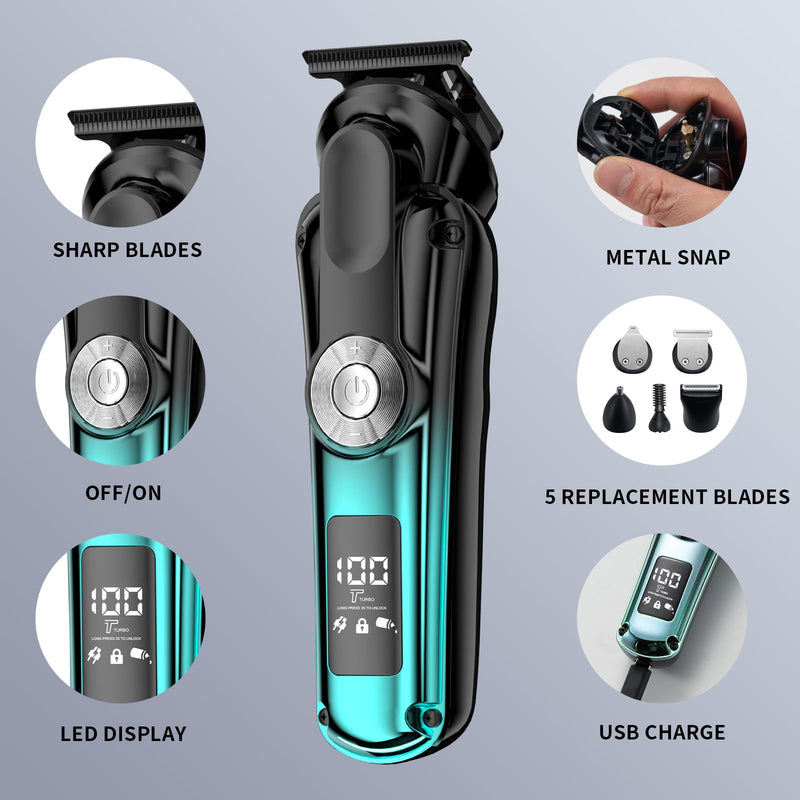 [Australia] - 6-in-1 Hair Clipper Beard Trimmer for Men, All-in-One Men's Grooming Kit for Nose,Ear,Body,Mustache, Cordless Electric Shaver Razor with IPX6 Waterproof,120-Min Runtime,LED Display Blue 
