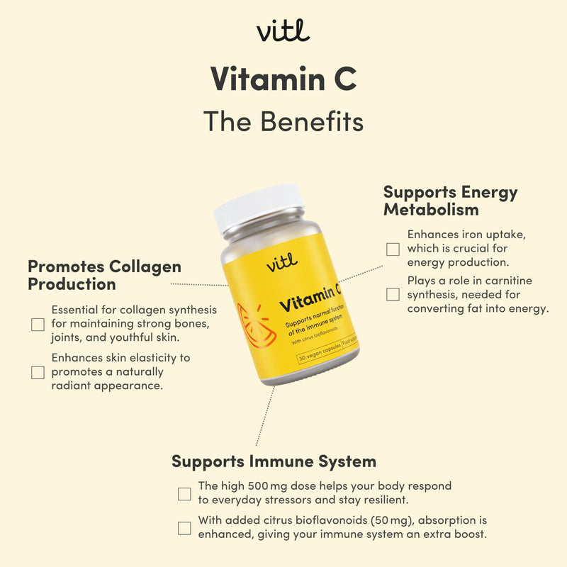 Vitl Vitamin C 500mg Supplement - 30 Vegan Easy to Swallow Capsules - Support Normal Functioning of the Immune System - 1 Month Supply