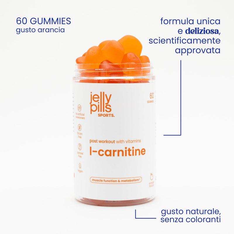 Jelly Pills Sports L-Carnitine - 60 Vegan Gummies - 400 mg L-Carnitine per Serving - Energy Metabolism and Muscle Function - Vitamins D3, B7, B9 and Chromium - Orange Flavour - 13.5 kcal per Gummy