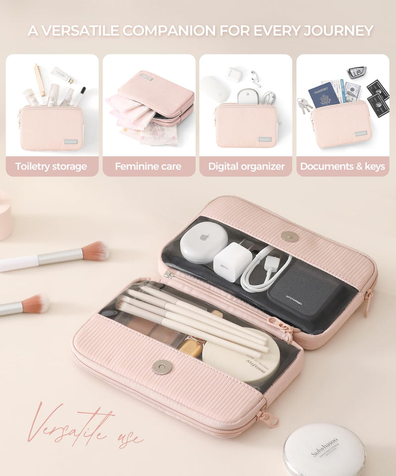 Makeup Bag Set for Women, 2 Pcs Corduroy Travel Cosmetic Organizer, Detachable Clear Pouch and Shell Shape Case, Waterproof Toiletry Storage for Beauty Essentials, Pink