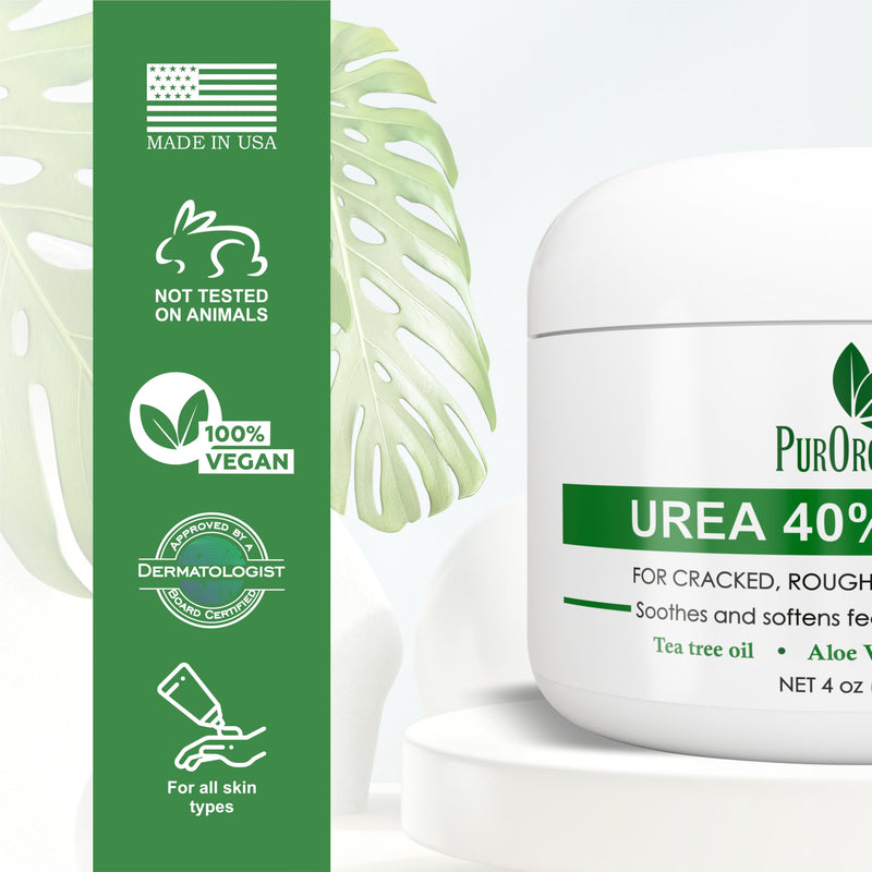 PurOrganica Urea Cream 40% – Made in USA, Maximum Strength Foot Cream for Dry, Cracked Heels, Corns, Calluses & Rough Feet, Exfoliating Moisturizer 4 Ounce (Pack of 1)