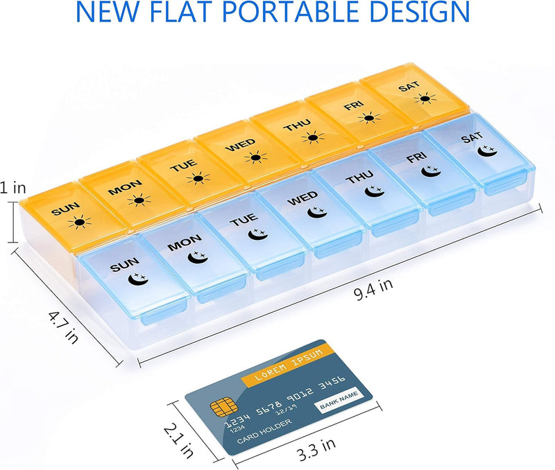 Extra Large 7 Day Pill Organizer AM PM BPA-Free Medicine Case with Oversized Compartments for Large Vitamins, Fish Oil, and Supplements, Easy Open Design(Yellow/Blue)
