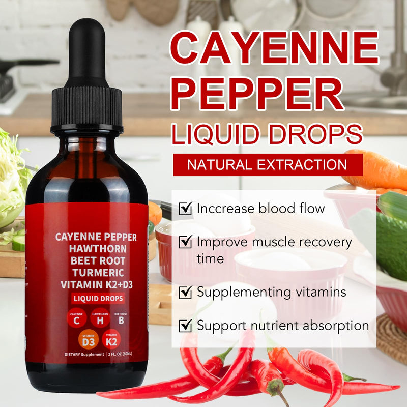 [Australia] - Cayenne Pepper Drops, 2 Pack Cayenne Supplement with Hawthorn Berry, Ceylon Cinnamon, Turmeric & Vitamin D3 K2 Beet Root Powder | Heart & Circulation Support | Winter Wellness Booster 