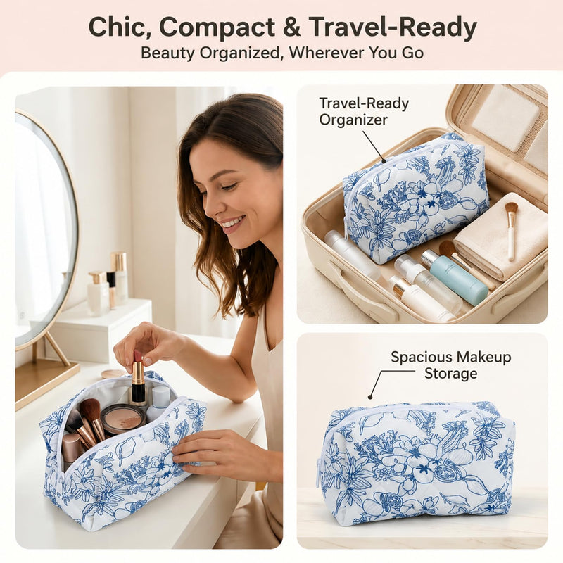 10 Pcs Cotton Makeup Bag, Quilted Floral Makeup Bags, 7.8x4.7x3.1 in | Cotton Floral Cosmetic Pouch, Quilted Travel Makeup Bags with Zipper for Women Bridesmaid Gifts Daily Use