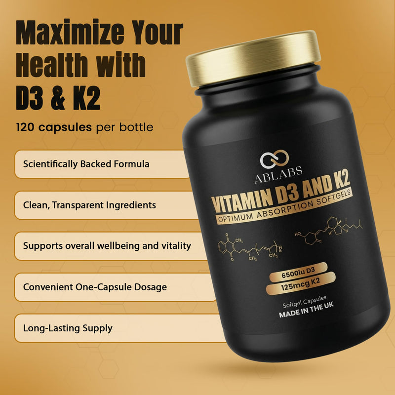 Vitamin D3 (6500iu) & Vitamin K2 MK7 (125μg) Premium Softgel I Ablabs I Made in UK I High-Strength (60) 60