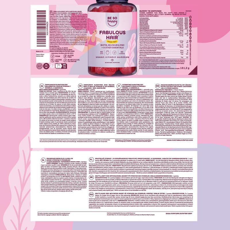 BeSoHappy® Biotin Gummies 6000mcg Complex for Hair Growth, 60 Days Supply with Selenium, Zinc, B12 Vitamin, Retinol Vitamins B6, C, D, E, Strawberry Candies Flavor, Vegan.