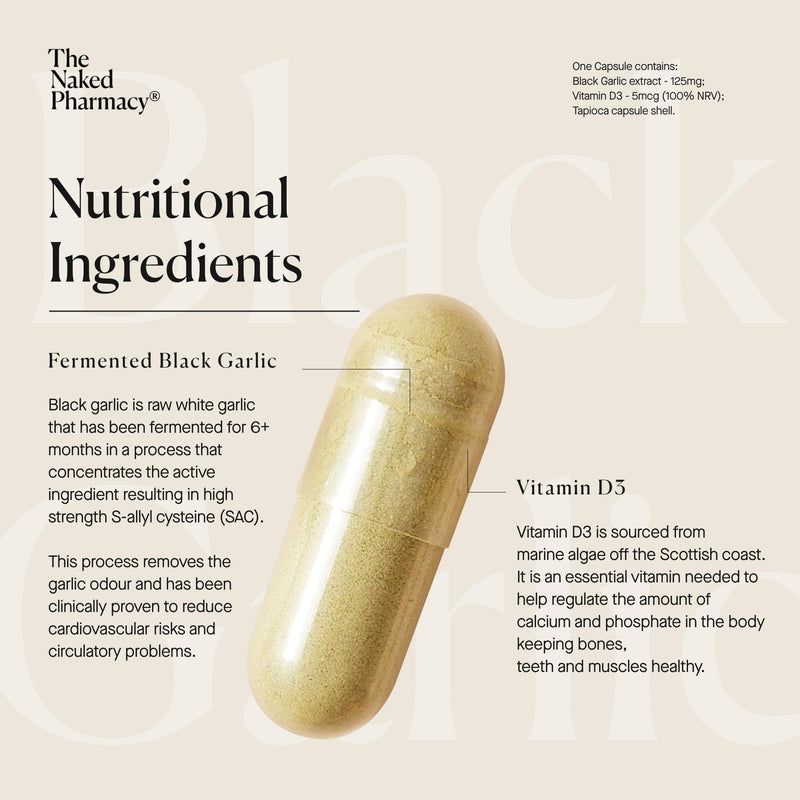 The Naked Pharmacy | Black Garlic Supplements | for Gut, Cardiovascular & Immune System | with Vitamin D | Odourless | 60 Capsules 60 count (Pack of 1)