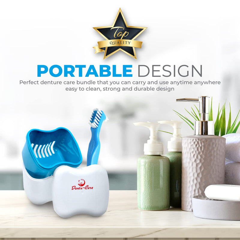 [Australia] - Denture Cleaner Whitener Bundled with Dentu-Care Denture Brush and Denture Case Cup With Basket and Lid for Easy Storing Of Retainer Invisalign Mouthguard 