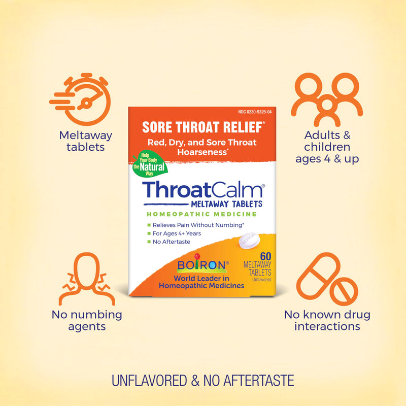[Australia] - Boiron ThroatCalm Tablets for Pain Relief from Red, Dry, Scratchy, Sore Throats and Hoarseness - 60 Count 60 Count (Pack of 1) 