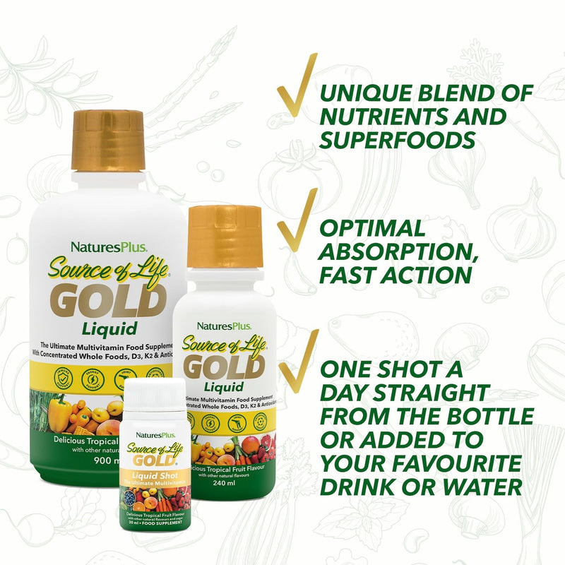 NaturesPlus Source of Life Gold Liquid 236ml - High Potency Food- Based Multivitamin and Mineral with Superfoods - Energy, Immune, Bones, Hydration - Vegetarian, Gluten Free 236 ml (Pack of 1)