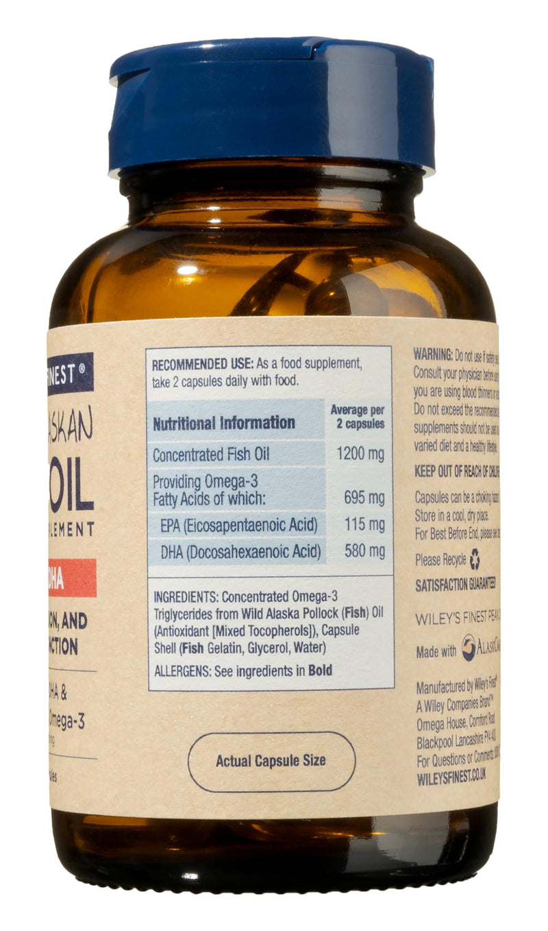 Wiley's Finest Wild Alaskan Fish Oil Peak DHA - 900mg EPA and DHA Omega-3s - 60 Softgels (30 Servings)
