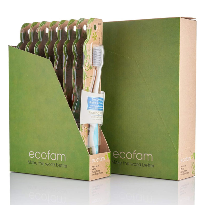 ECOFAM Compostable Toothbushes, Dual Action Flossing Bristles, Silver Infused Soft Bristle Toothbrush, Natural Toothbrushes for Adults, Multi Color, 8-Pack 8 Pack
