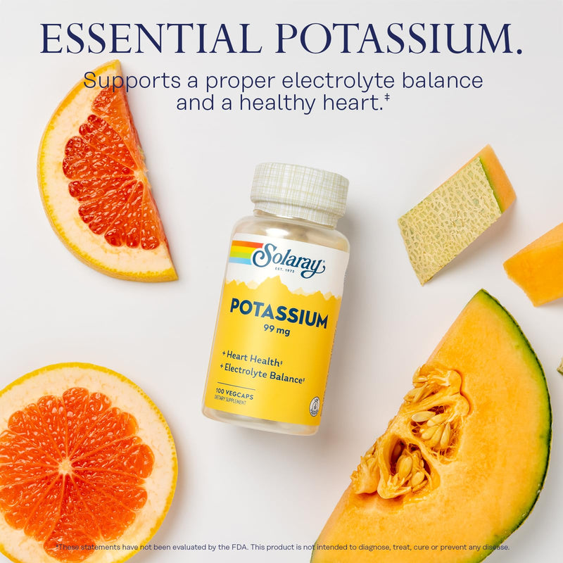 SOLARAY Potassium 99 mg, 100 VegCaps | Electrolyte, Heart & Vascular Support, Potassium Amino Acid Complex, 100 Servings, Lab Verified 1 Count (Pack of 100)