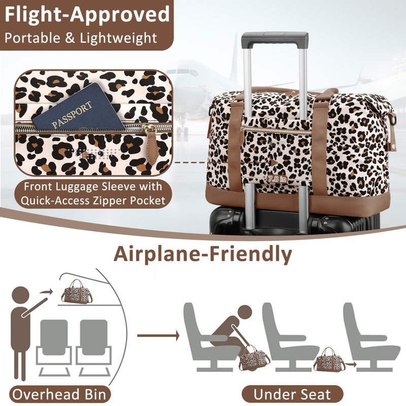 ELONGRIVER Women Travel Duffle Bags, Weekender Overnight Bag, Hospital Bag | Airplane Duffel Bags with Toiletry Bag, Hospital Bag for Labor Delivery, Tote Weekend Bag with Luggage Sleeve, Large, Leopard Leopard Print