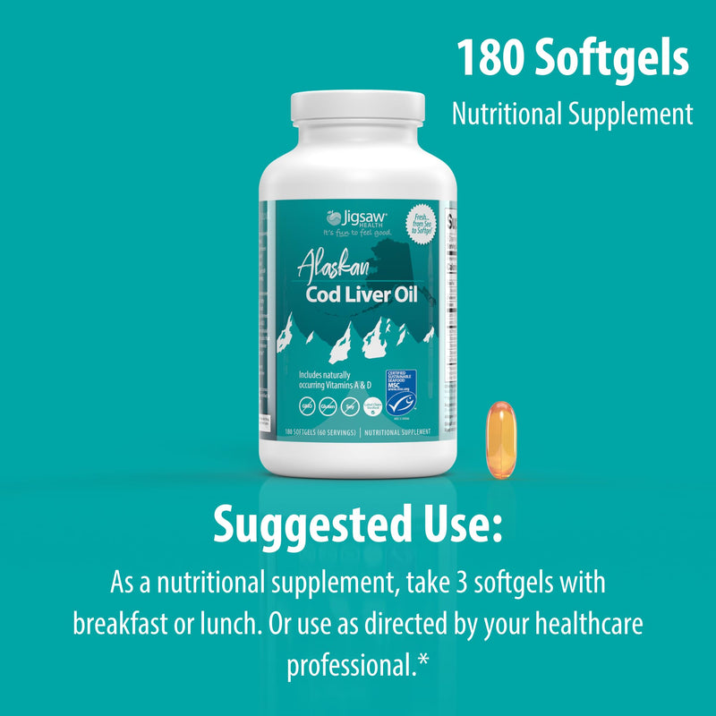 [Australia] - Jigsaw Health Alaskan Cod Liver Oil | 900 mg Omega-3s with EPA, DHA, and DPA | Includes Naturally Occuring Vitamins A & D | 180 Softgels | 60 Servings 